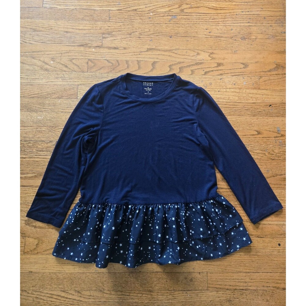 Kate Spade Broome Street Top Womens Small Blue Tiered Ruffle Star Print